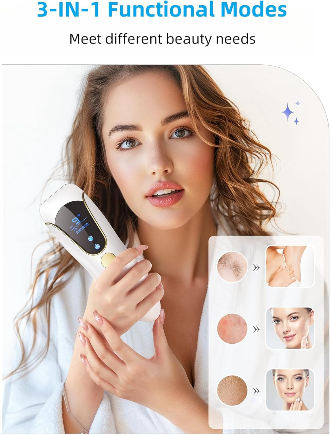 Épilateur Lumière Pulsée Avec Fonction De Refroidissement, 3 En 1 Épilateur Laser IPL Avec Fonction De HR/RA/SC,999,900 Flashs/9 Niveaux D'Énergie,Épilation Laser Pour Corps Aisselles Jambes Et Bikini